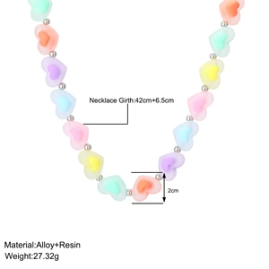 Detailed view of colorful resin heart beads on an alloy necklace with size specifications