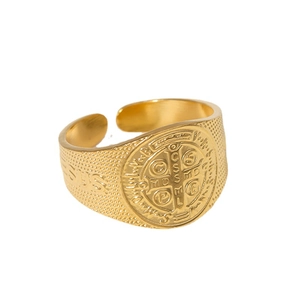 Golden stainless steel St. Benedict medal ring with Jesus engraving and adjustable band
