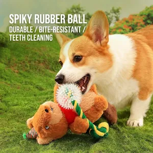 Plush capybara dog toy with rubber spike ball and durable braided rope for tooth cleaning