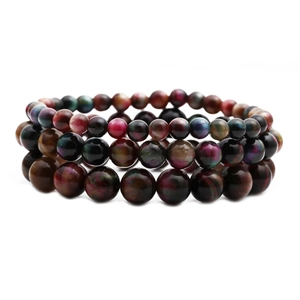 Three-layer stacked tiger eye bead bracelet in red, black, blue and brown natural stones