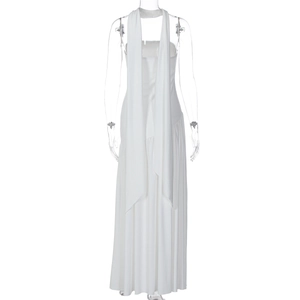 Detail of elegant white strapless dress featuring long back streamers and a slit back view