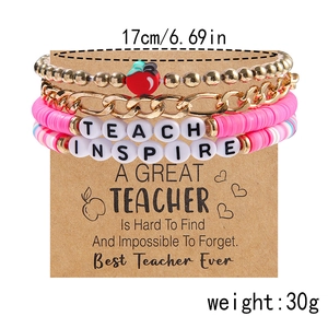 Detail of 4-piece teacher bracelet set with TEACH and INSPIRE charms on a card