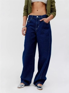 Jeans En Deni À Jambes Larges Bleu Lavé Rétro Pour Femmes Coton Coupe Droite Décontractée Taille Haute Streetwear