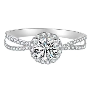 Silver round moissanite ring with halo setting and double cross paved band for women