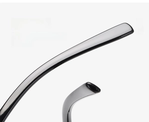 Detail view of glossy black curved temple arms with sleek line design for comfortable wear