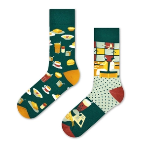 Green cartoon crew socks with breakfast theme coffee patterns and colorful toe accents