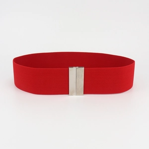 Detail view of the red elastic waist belt with a polished silver rectangular metal buckle