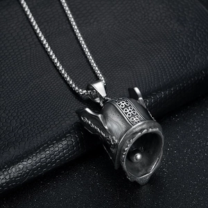 Vintage stainless steel Viking Odin biker guardian bell necklace on black leather