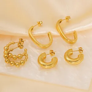 Minimalist Geometric Hoop Earrings 18K Gold Plated Stainless Steel Textured Ribbed Beaded C-Shape Jewelry For Women