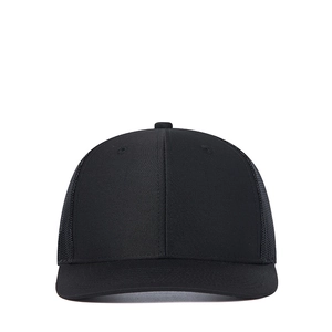 Black mesh trucker hat with curved brim and breathable polyester back for outdoor sun protection