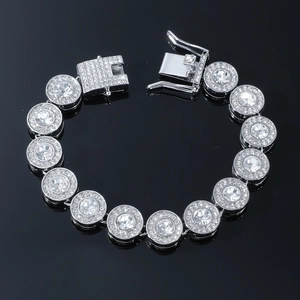 Men's hiphop silver round ice link bracelet with sparkling rhinestones and box clasp