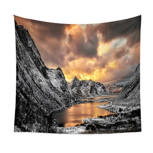 Bohemian tapestry featuring snowy mountains and orange sunset for home wall decoration