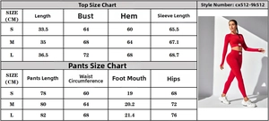 Detailed size chart for women's high-waist yoga set with measurements for top and pants