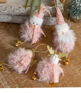Pink plush Christmas tree ornaments featuring Santa, Snowman, Deer and Angel with bells