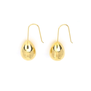 Detailed view of polished 18K gold water drop earrings with long metal hooks on white background