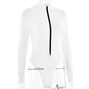 Front view of white long sleeve bodysuit featuring a centered black zipper on a mannequin