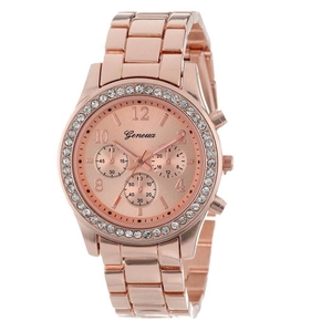 Elegant rose gold women's watch with rhinestone bezel and metal link bracelet strap