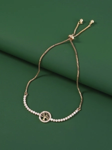 Detailed view of adjustable gold Tree of Life bracelet featuring micro-pave cubic zirconia