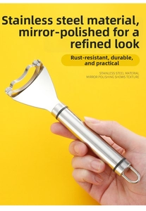 Close-up of stainless steel corn peeler with serrated blade and ergonomic handle
