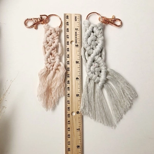 Detailed size measurement of handmade macrame tassel keychains with rose gold metal clasp