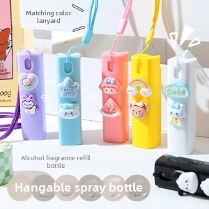 Detail of colorful portable spray bottles with 3D cartoon charms and hanging straps