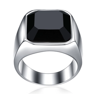 Bague classique en acier inoxydable argenté pour homme avec pierre noire de coupe carrée