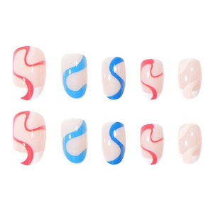 Round head press-on nails with colorful wave line patterns and nude base