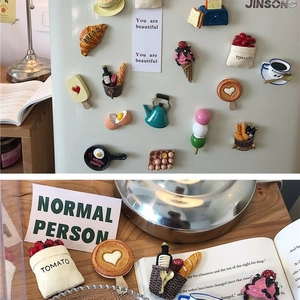 Realistic resin fridge magnets featuring 3D mini bread, coffee, and kitchenware set