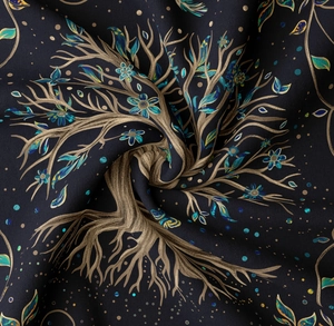 Detailed macro view of the Tree of Life pattern on high-quality blue fabric tapestry