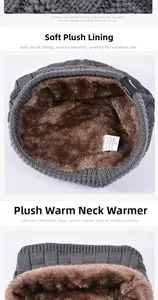 Détail de l'ensemble bonnet et écharpe gris montrant la doublure épaisse en peluche marron