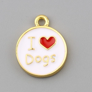 Round I Love Dogs Pet Commemorative Pendant Zinc Alloy White Enamel Red Heart Shape Jewelry Finding Craft Accessory
