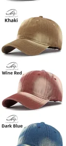 Detailed close-up of vintage washed denim baseball caps in khaki, burgundy, and navy blue