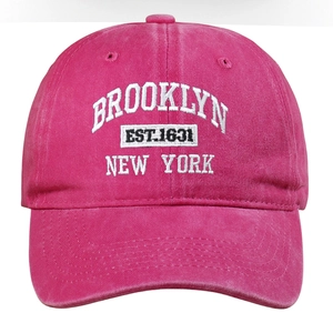 Detail of Brooklyn embroidery on vintage dark pink washed cotton baseball cap