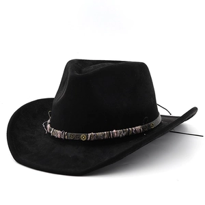 Black faux suede western cowboy hat with vintage steampunk gear band and woven trim