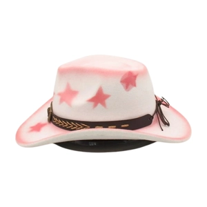 Detail of pink and white gradient cowboy hat with star patterns and brown leather band