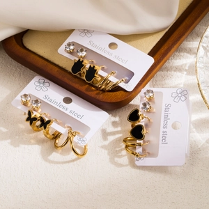 Stainless Steel Earrings Black Enamel Heart Butterfly Hamsa Hand Gold Plated Zircon Studs Hoops Sweet Cool Retro Niche Women