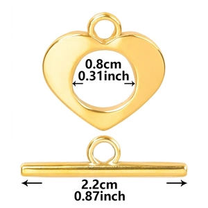 Golden 18k plated stainless steel heart toggle clasp with specific size dimensions