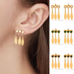 Stainless Steel And Zircon Tassel Dangle Earrings With Leaf Charms Light Luxury Fashion Jewelry For Women