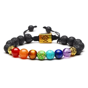 8mm Tree of Life chakra bracelet with black lava rock and tiger eye beads for yoga