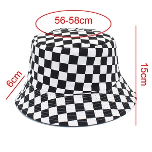Detailed sizing guide for black and white checkerboard bucket hat with 56-58cm head girth