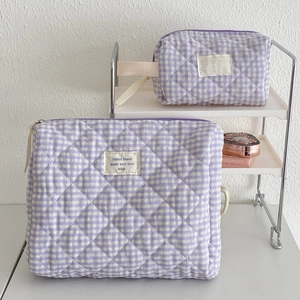 Purple and white checkered quilted cotton cosmetic bags with zip and side handle