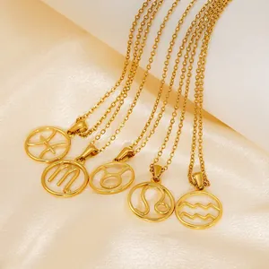 Zodiac Constellation Pendant Necklace Stainless Steel 18K Gold Plated Hollow Round Astrology Jewelry For Women