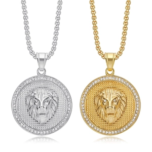 Lion Head Pendant Necklace Stainless Steel Rhinestone Iced Out Hip Hop Punk Jewelry Round Gold Silver Color