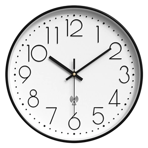 Minimalist 12 inch silent radio controlled wall clock with black frame and white dial