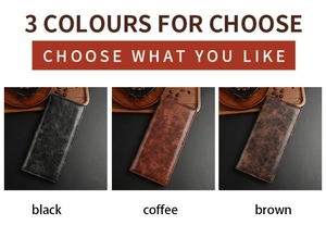 Three men's retro long wallets in black, coffee, and brown leather with a vintage finish