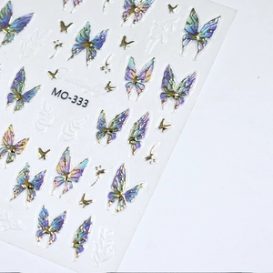 Adesivi per unghie farfalla 3D a rilievo con stampa dorata e colori olografici sfumati