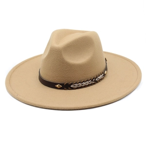 Detail of khaki wool fedora with brown chevron strap and gold diamond studs