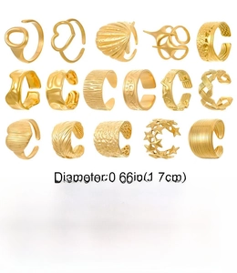 Detailed set of 15 gold stainless steel rings featuring shell, heart and star shapes