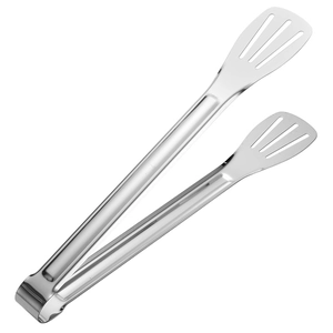 Polished silver stainless steel food tongs with slotted head for BBQ and steak serving