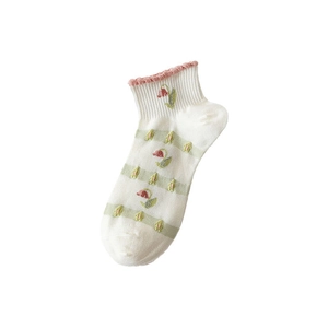 Milk white cotton ankle socks with red tulip flower embroidery in minimalist style